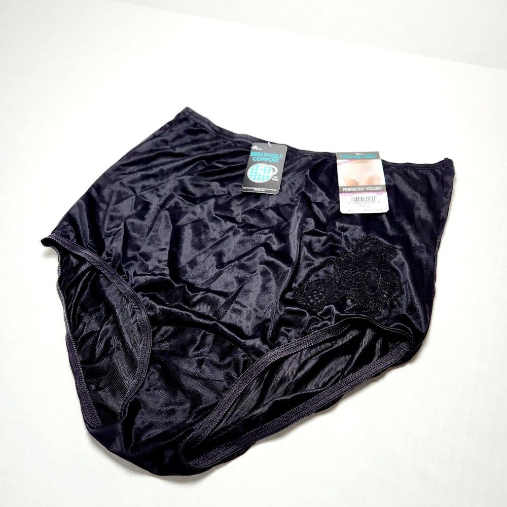 Vanity Fair 13081 Nylon Brief Panties Flower Appliqué Womens 6 M Black NWT New